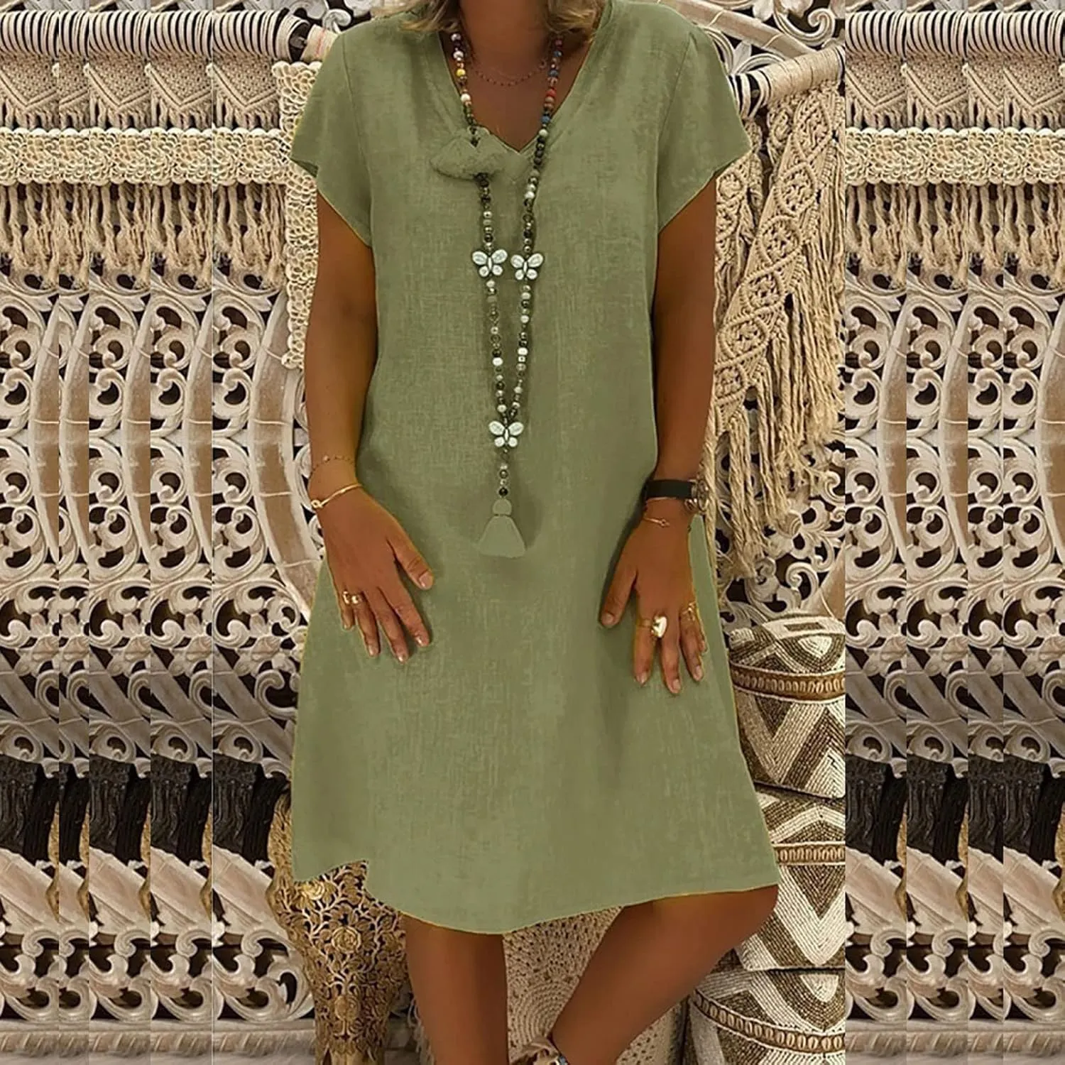 Ceboyel Women Cotton Linen Short Dress Summer Shirt Dress V Neck Short Sleeve Beach Dresses Boho Ladies Clothing 2023