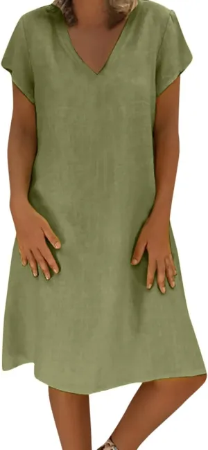 Ceboyel Women Cotton Linen Short Dress Summer Shirt Dress V Neck Short Sleeve Beach Dresses Boho Ladies Clothing 2023