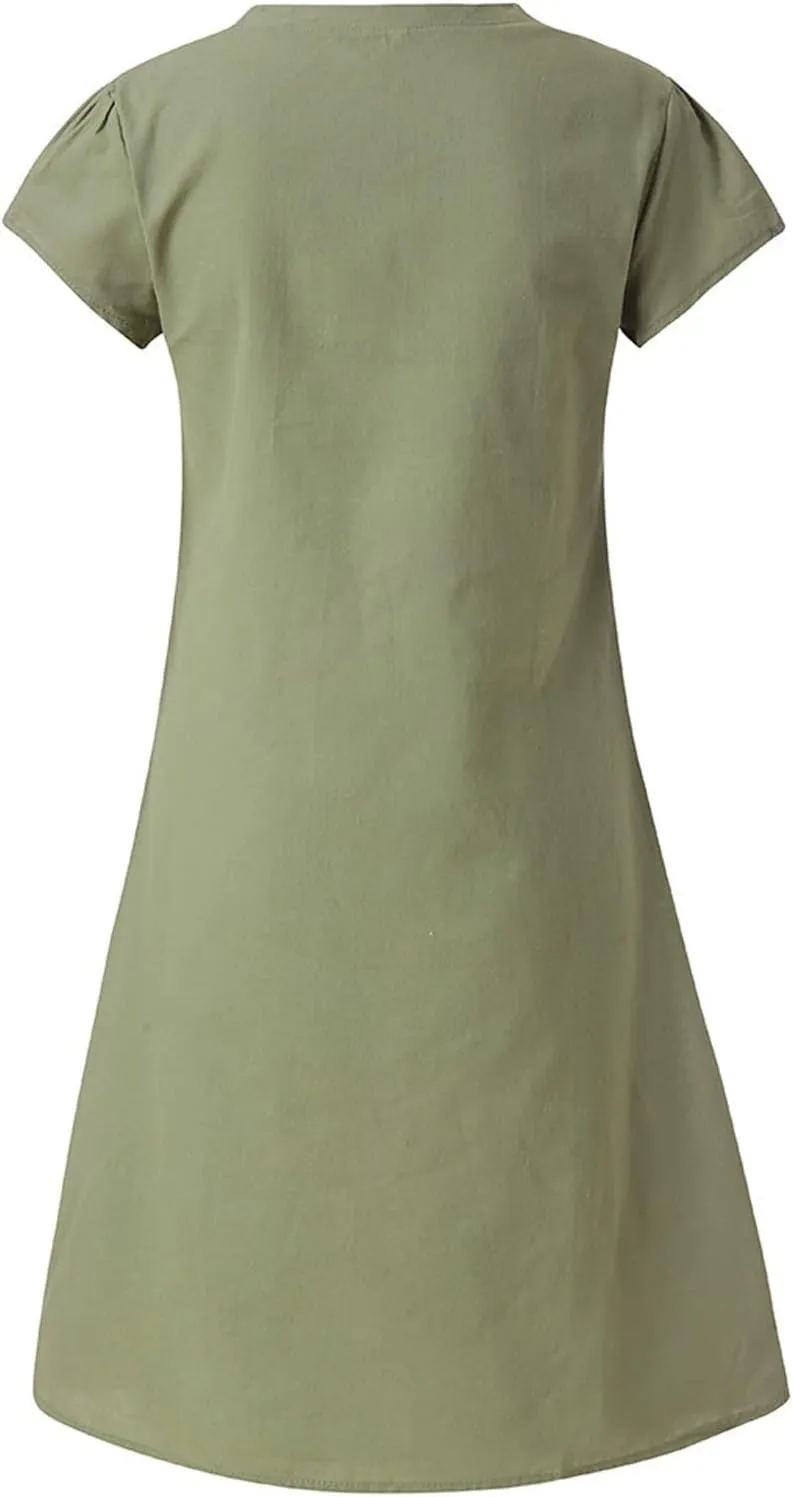 Ceboyel Women Cotton Linen Short Dress Summer Shirt Dress V Neck Short Sleeve Beach Dresses Boho Ladies Clothing 2023