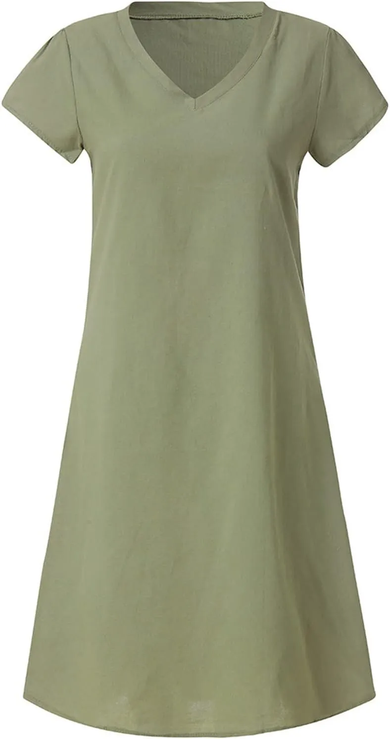 Ceboyel Women Cotton Linen Short Dress Summer Shirt Dress V Neck Short Sleeve Beach Dresses Boho Ladies Clothing 2023