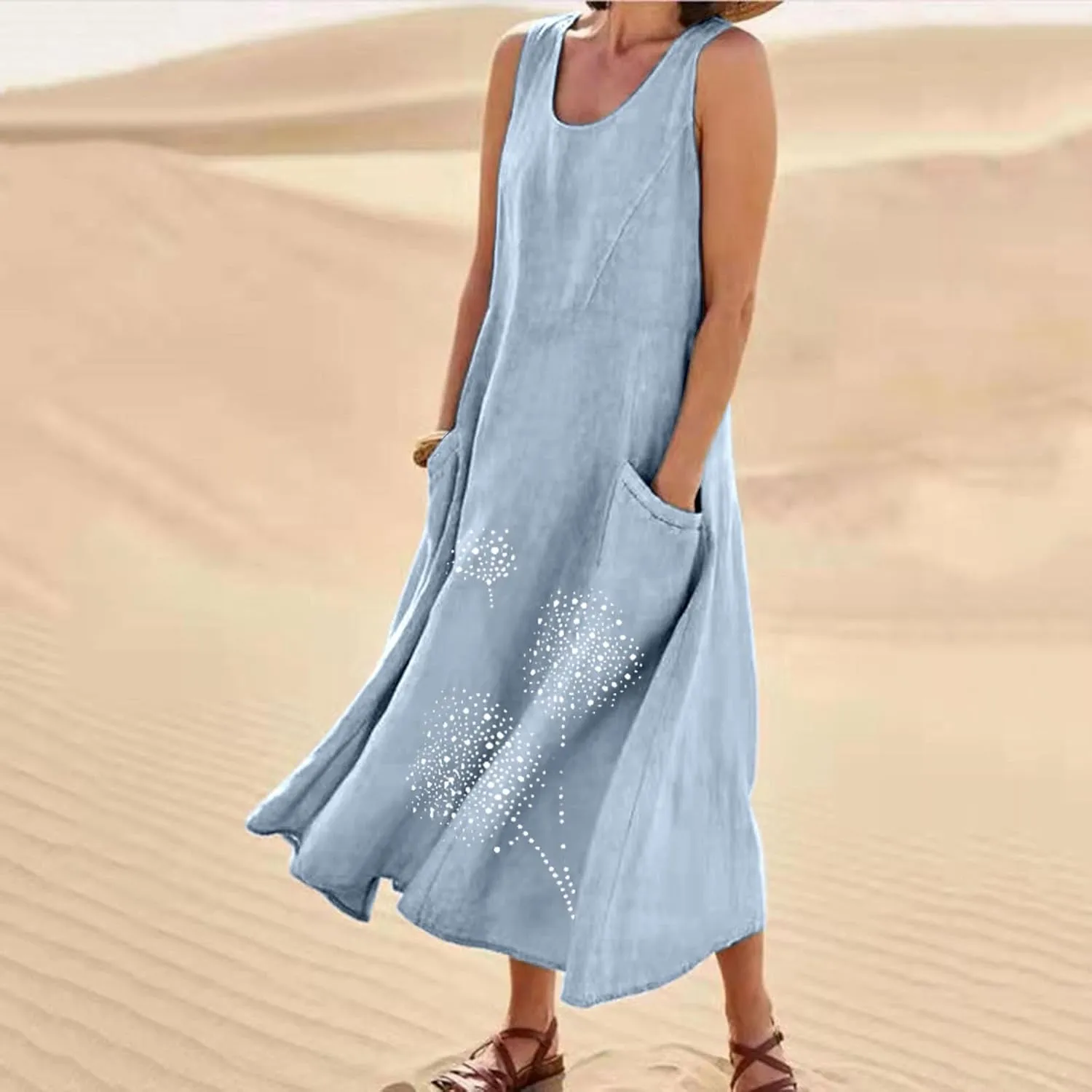 Ceboyel Womens Cotton Linen Maxi Dress Dandelion Print Long Dresses Trendy Vacation Flowy Tank Dress Boho Beach Clothes 2024