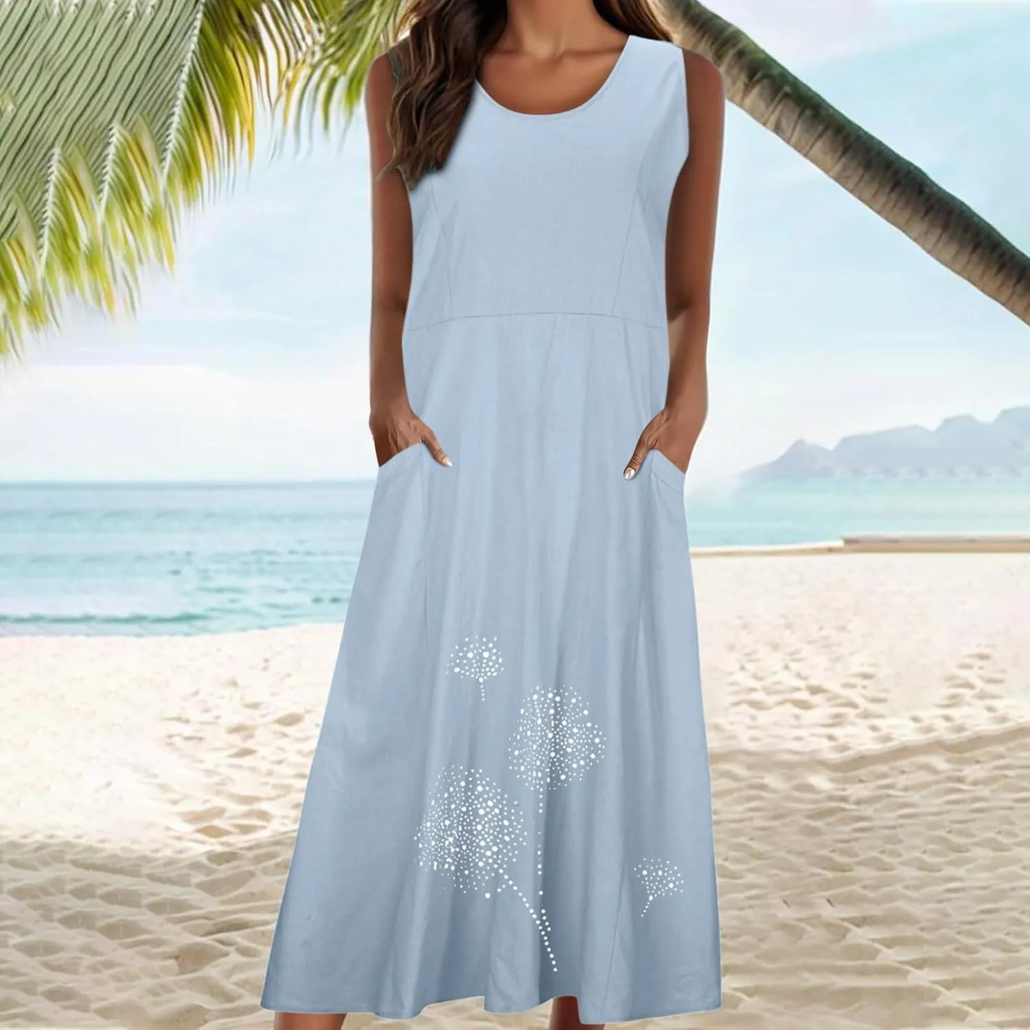 Ceboyel Womens Cotton Linen Maxi Dress Dandelion Print Long Dresses Trendy Vacation Flowy Tank Dress Boho Beach Clothes 2024