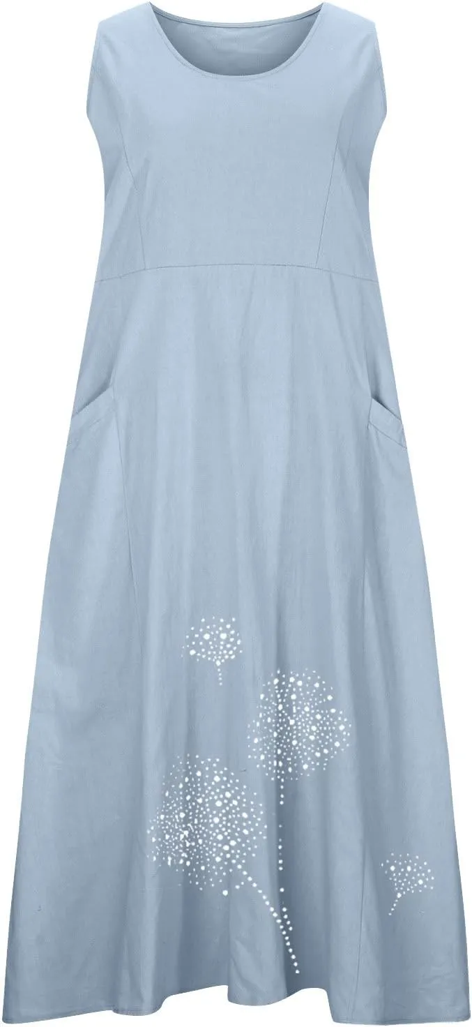 Ceboyel Womens Cotton Linen Maxi Dress Dandelion Print Long Dresses Trendy Vacation Flowy Tank Dress Boho Beach Clothes 2024