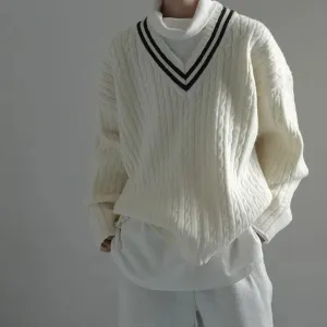 ChicMy-Fall Outfits -Men's Outfits Autumn Clothing Men's Casual Knitted V Neck Pullover Sweater Light Luxury Korean Patchwork Leisure Long Sleeve Fashion Knitwear