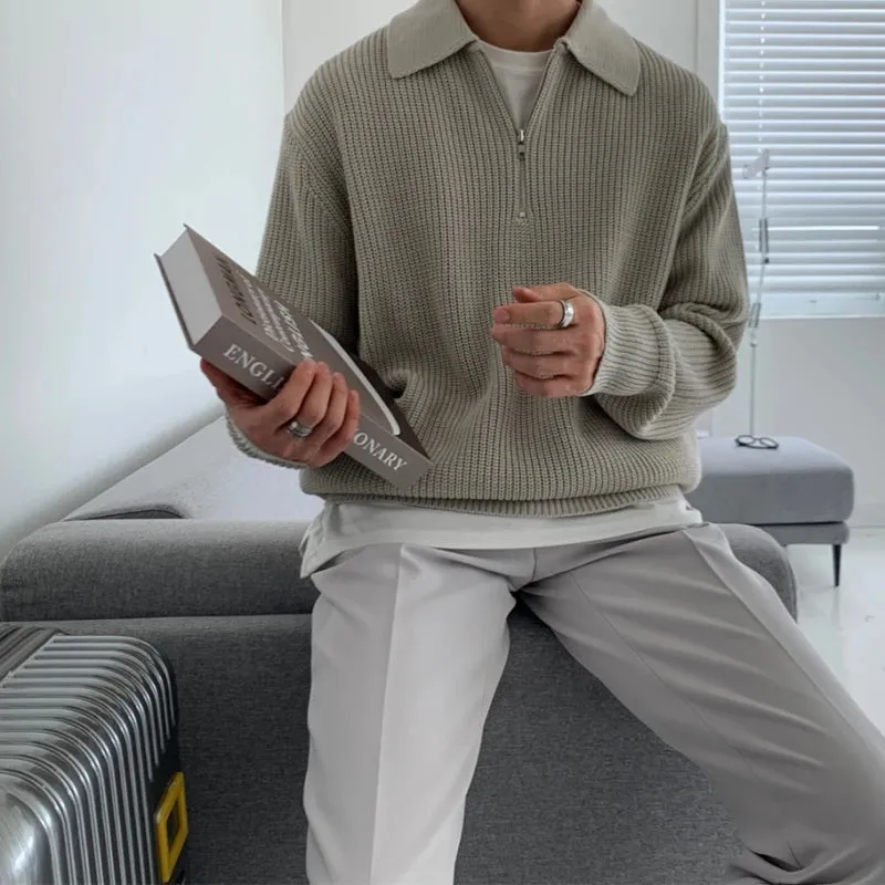ChicMy-Fall Outfits -Men's Outfits Autumn Men's Luxury Knitted Pullover Sweater Casual Korean Stretch Zipper Solid Color Long Sleeve Loose Warmth Knitwear