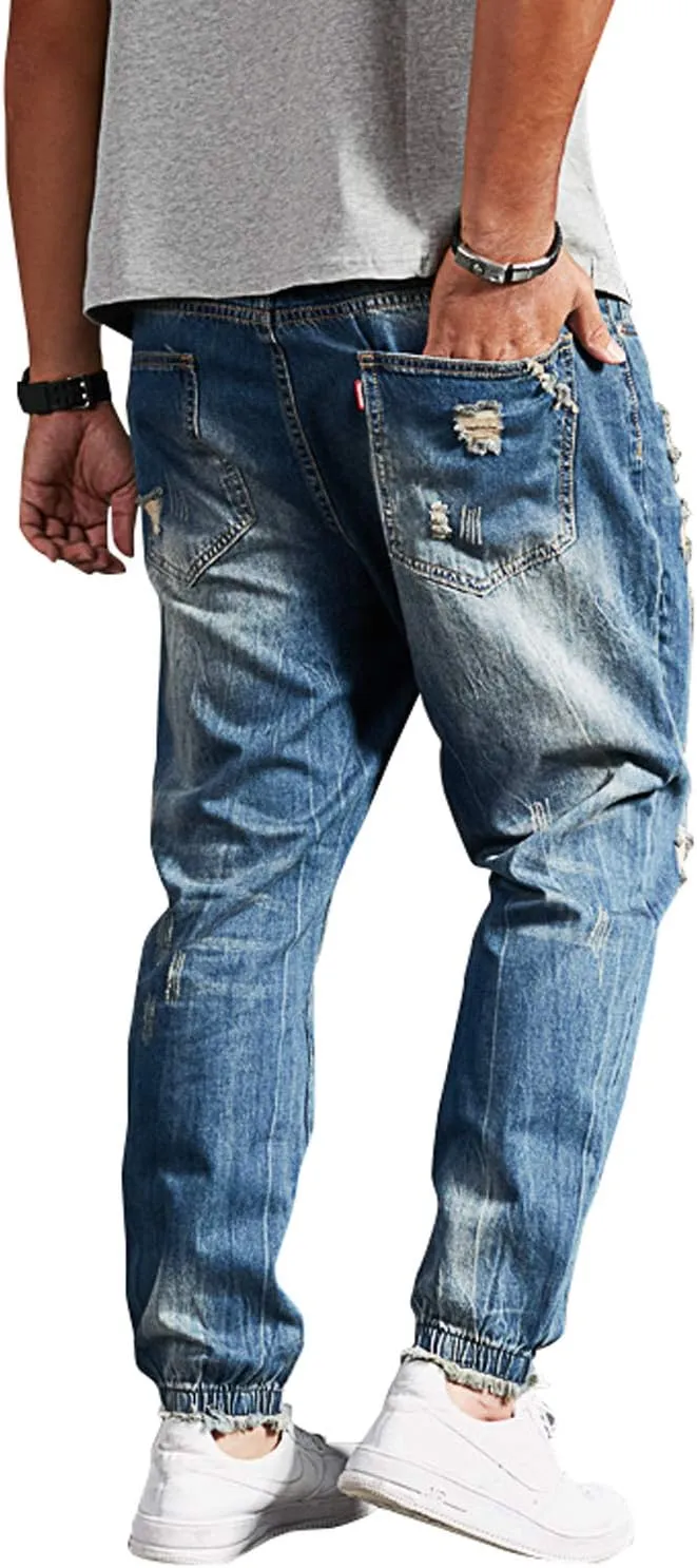 chouyatou Men's Casual Distressed Style Tapered Leg Harem Jogger Jeans Crop Denim Pants