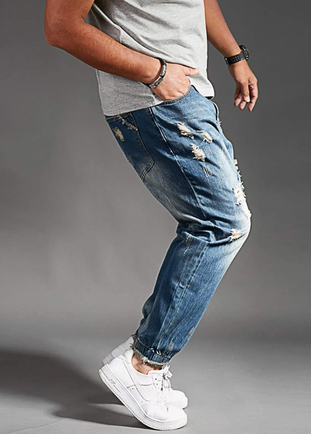 chouyatou Men's Casual Distressed Style Tapered Leg Harem Jogger Jeans Crop Denim Pants
