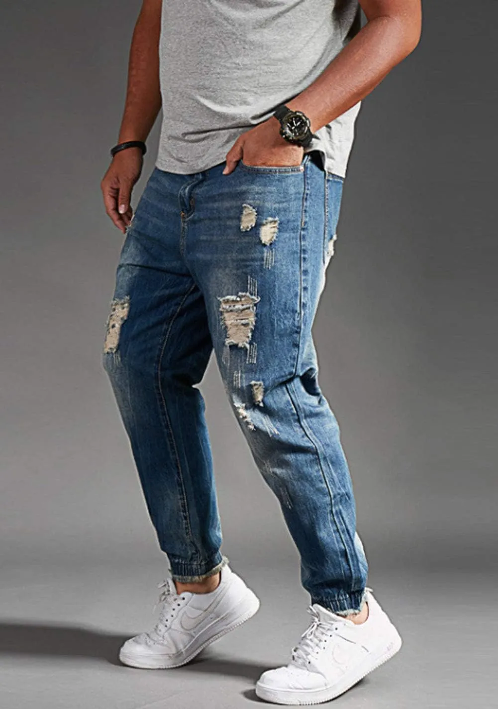 chouyatou Men's Casual Distressed Style Tapered Leg Harem Jogger Jeans Crop Denim Pants