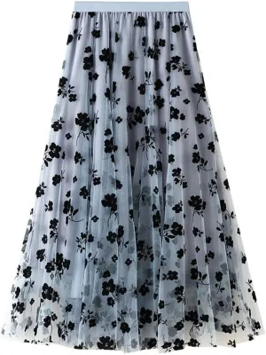 chouyatou Women's Fairy A-Line Pleated Swing Dance Midi Long Floral Tulle Skirt
