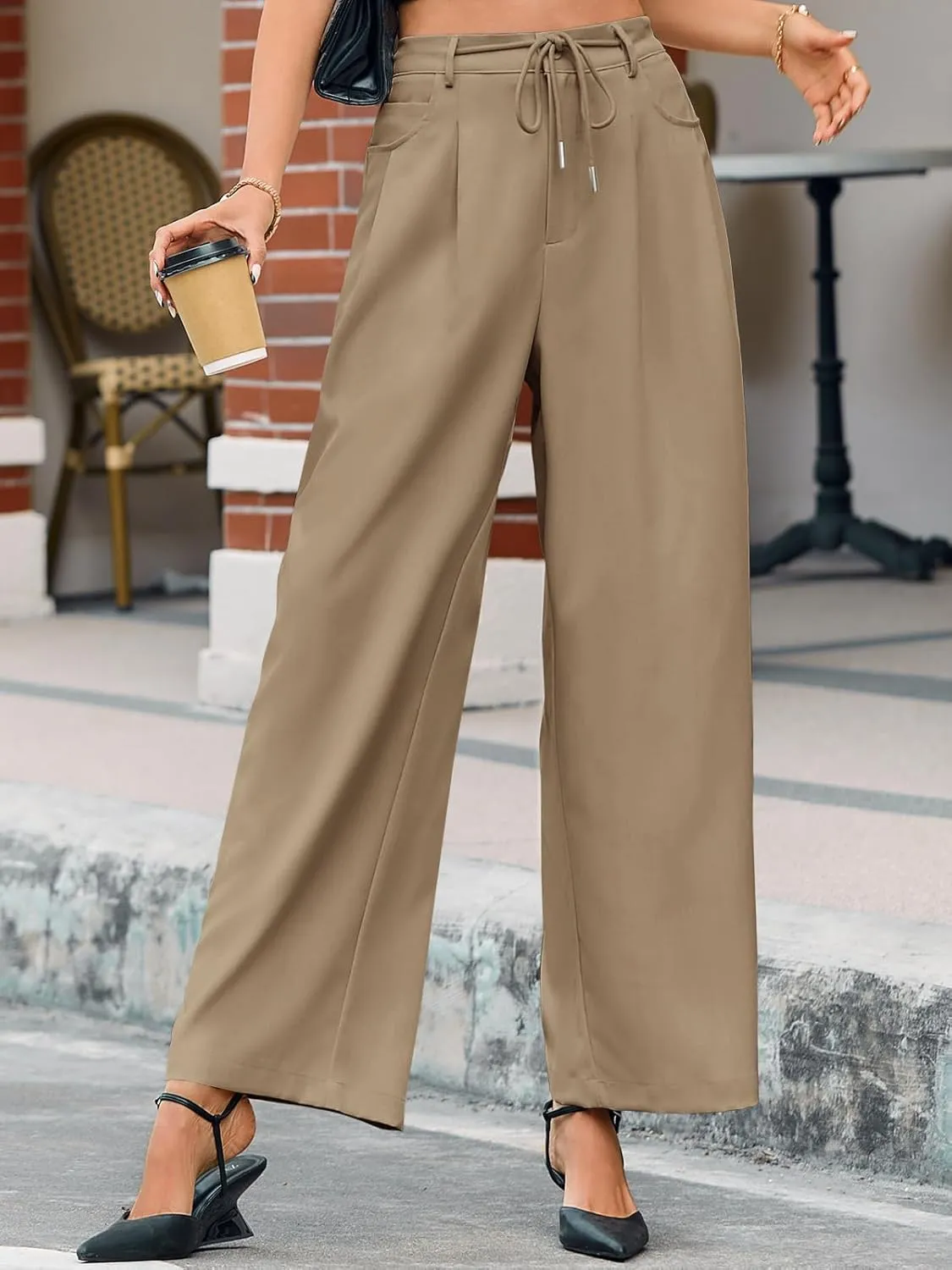 Cicy Bell Womens Wide Leg Dress Pants Elastic High Waist Pleated Work Pants Business Casual Trousers