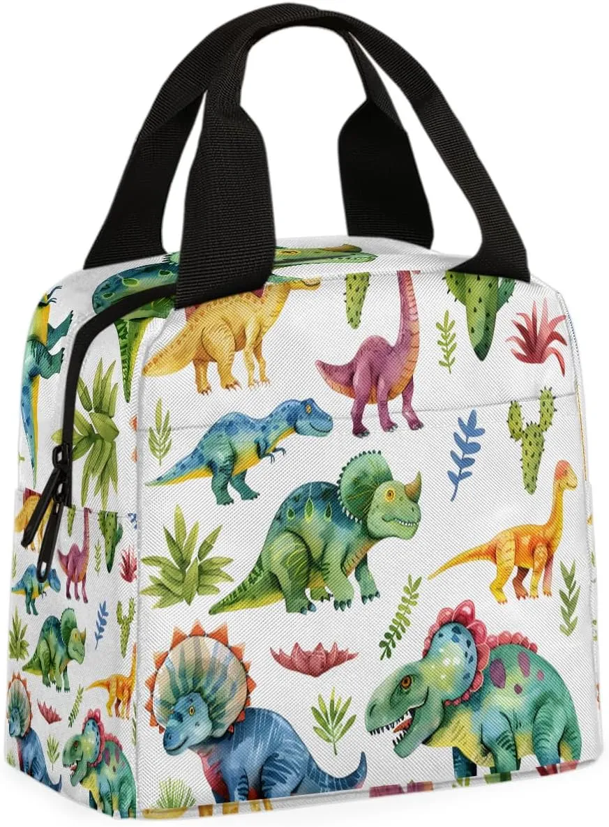 Colorful Dinosaur Lunch Bag Watercolor Dinosaurs Tote Lunch Bag Reusable Lunch Box Leakproof Cooler Bag