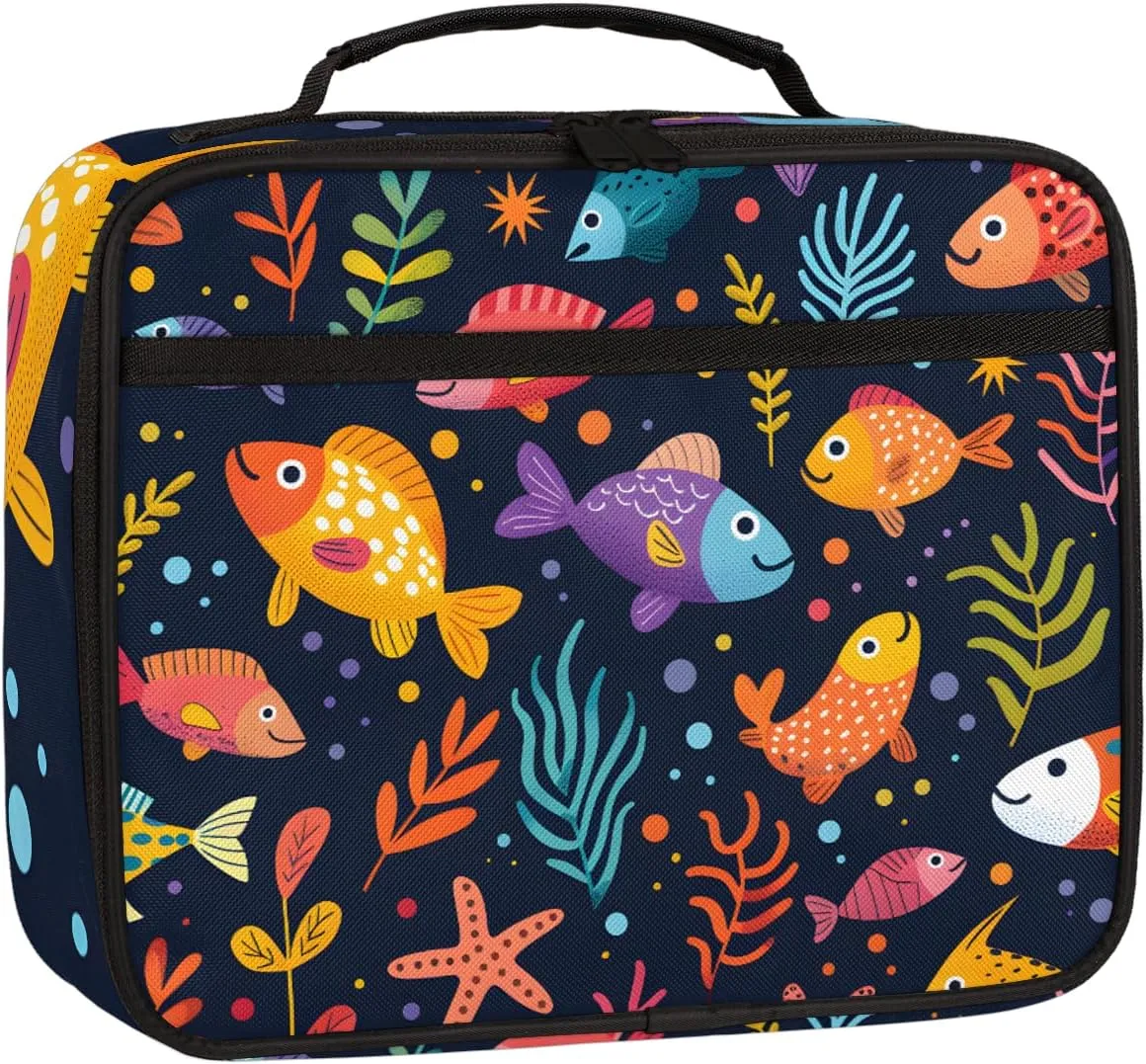 Colorful Fish Square Lunch Bag Marine Life Square Tote Lunch Bag Reusable Lunch Box Leakproof Cooler Bag