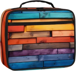 Colorful Wooden Blocks Square Lunch Bag Bright Geometric Plaid Square Tote Lunch Bag Reusable Lunch Box Leakproof Cooler Bag