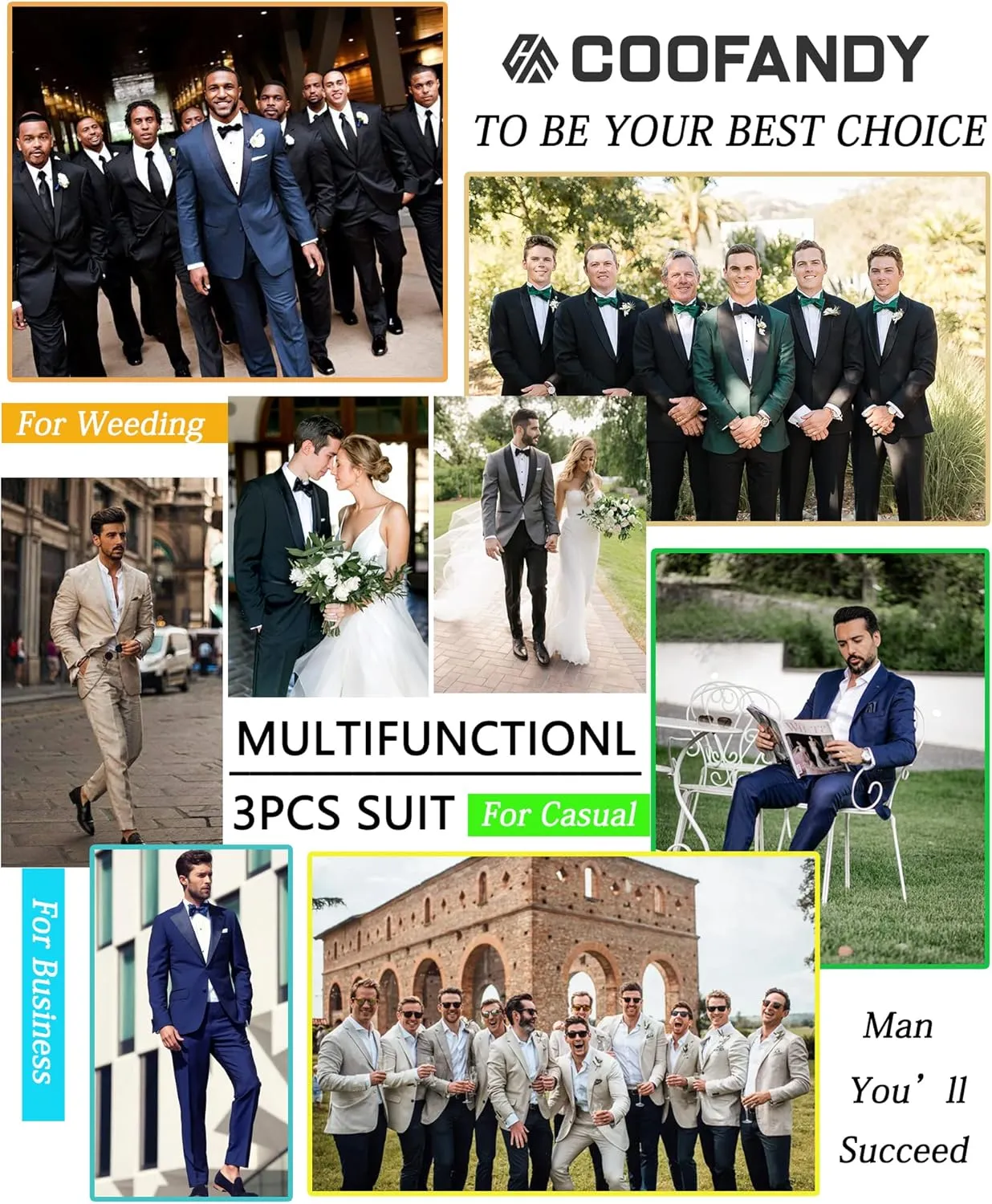 COOFANDY Men 3 Piece Suit Slim Fit Tuxedo One Button Prom Suits Blazer Jacket Vest Pants with Tie