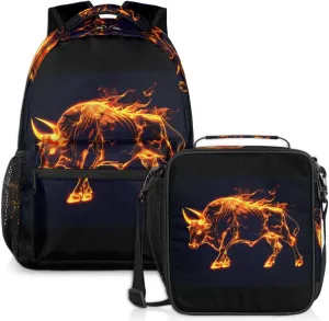 Cool Fire Bullfight Cow Backpack Set, Backpack with Lunch Box Gifts Set for Women Men, Multifunction 2Pcs Laptop Travel Picnic Camping Backpack with Lunch Bag
