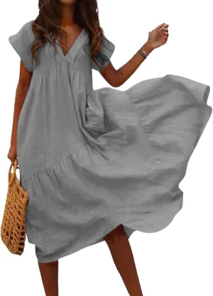 Cotton Linen Dresses for Women 2025 Summer Short Sleeve Midi Beach Dress A Line Flowy Dresses Shirt Dress with Pocket