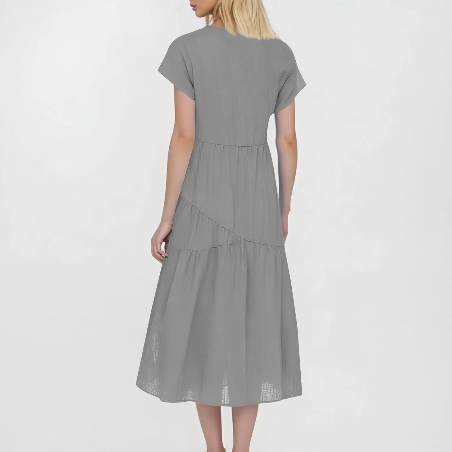 Cotton Linen Dresses for Women 2025 Summer Short Sleeve Midi Beach Dress A Line Flowy Dresses Shirt Dress with Pocket