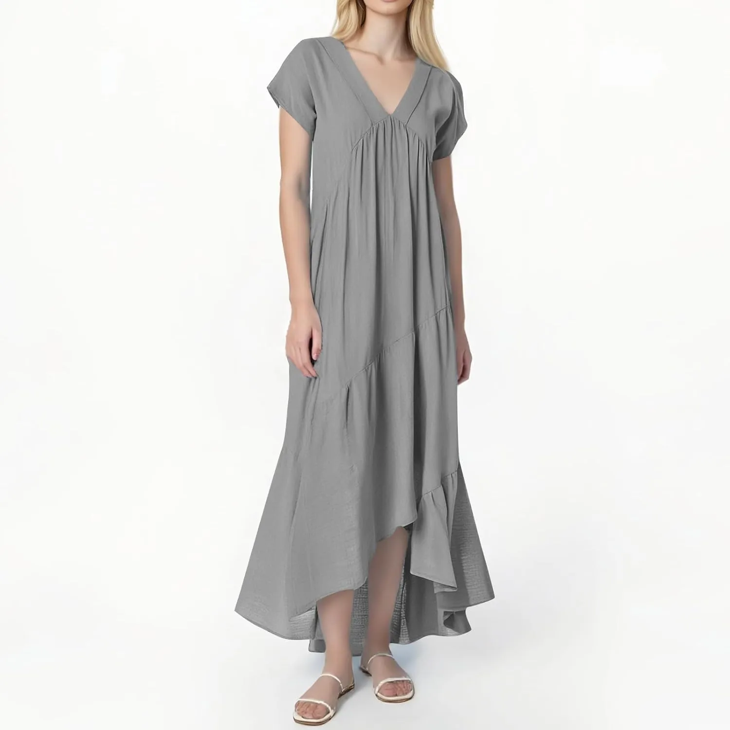 Cotton Linen Dresses for Women 2025 Summer Short Sleeve Midi Beach Dress A Line Flowy Dresses Shirt Dress with Pocket