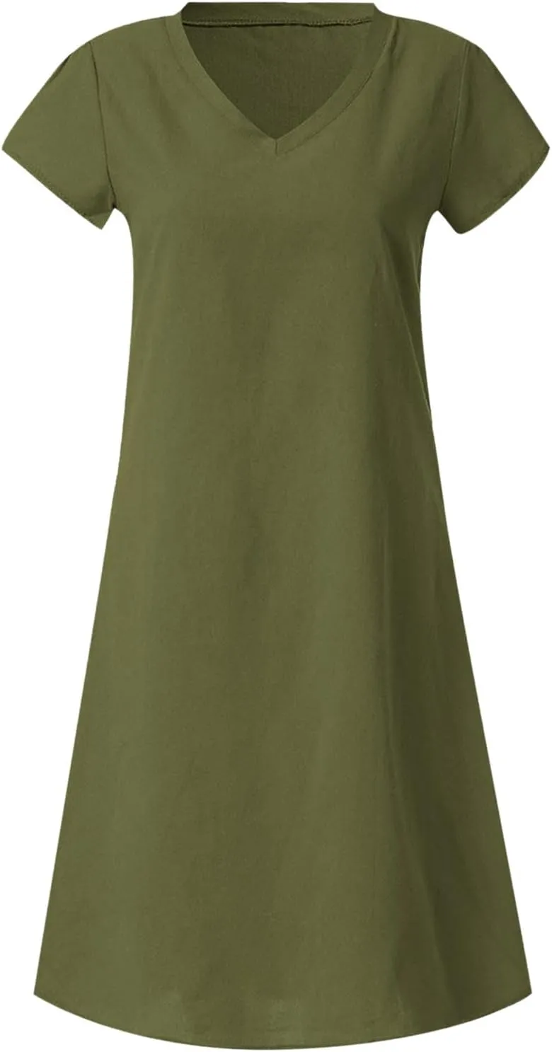 Cotton Linen Mini Dress Short Sleeve V Neck Beach Vacation Dresses Summer Casual Boho Sundress Lounge Solid Clothes