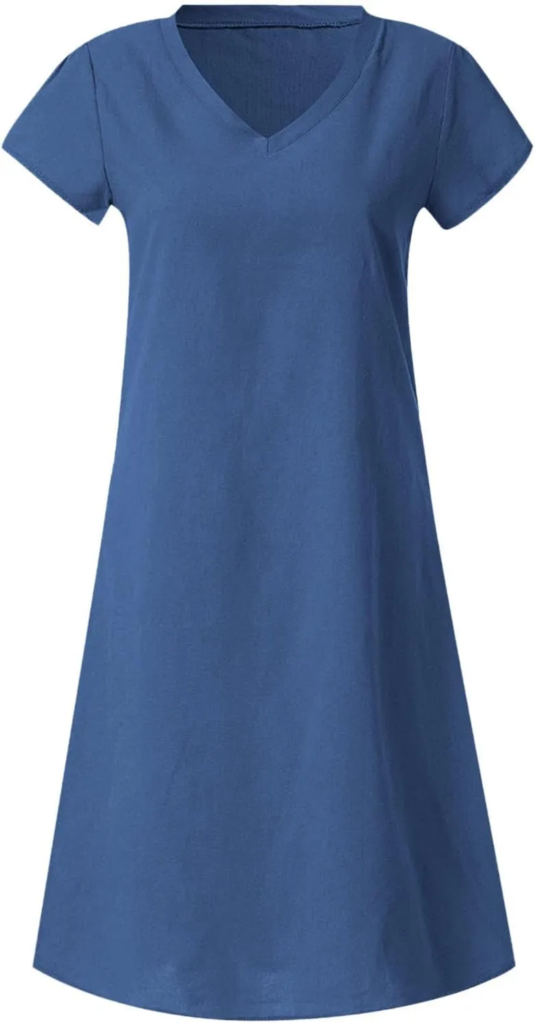 Cotton Linen Mini Dress Short Sleeve V Neck Beach Vacation Dresses Summer Casual Boho Sundress Lounge Solid Clothes