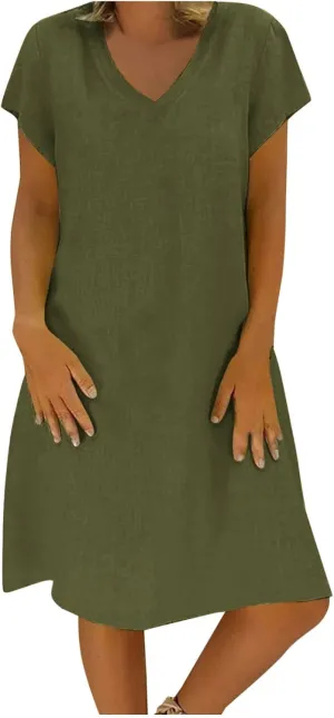 Cotton Linen Mini Dress Short Sleeve V Neck Beach Vacation Dresses Summer Casual Boho Sundress Lounge Solid Clothes