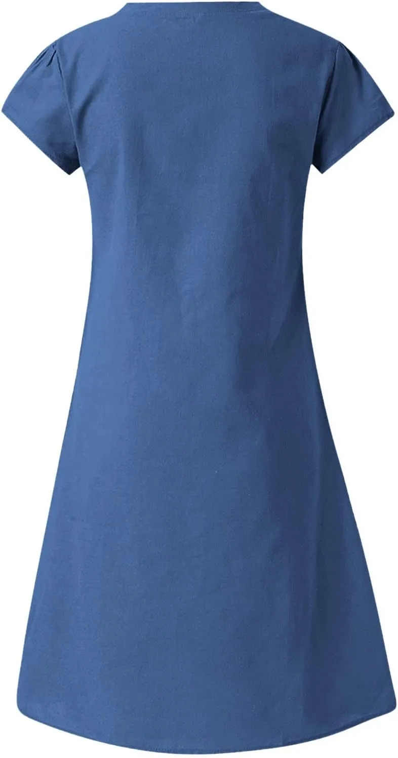Cotton Linen Mini Dress Short Sleeve V Neck Beach Vacation Dresses Summer Casual Boho Sundress Lounge Solid Clothes
