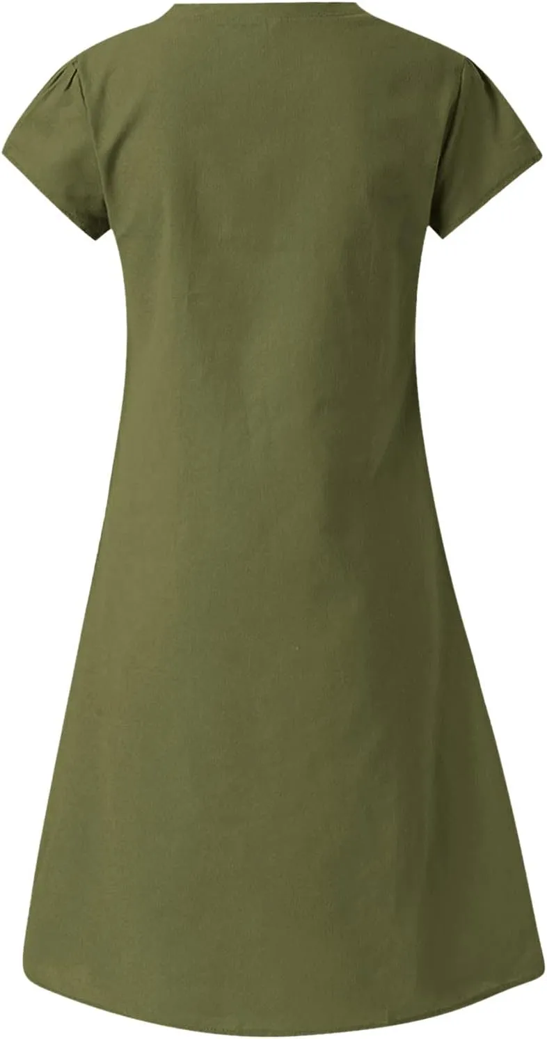 Cotton Linen Mini Dress Short Sleeve V Neck Beach Vacation Dresses Summer Casual Boho Sundress Lounge Solid Clothes