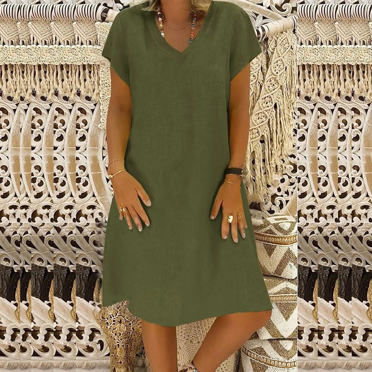 Cotton Linen Mini Dress Short Sleeve V Neck Beach Vacation Dresses Summer Casual Boho Sundress Lounge Solid Clothes