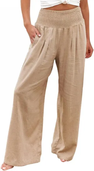 Cotton Linen Pants for Women Casual Wide Leg Palazzo Lounge Pants High Waist Smocked Trousers with Pockets(Khaki,XX-Large)