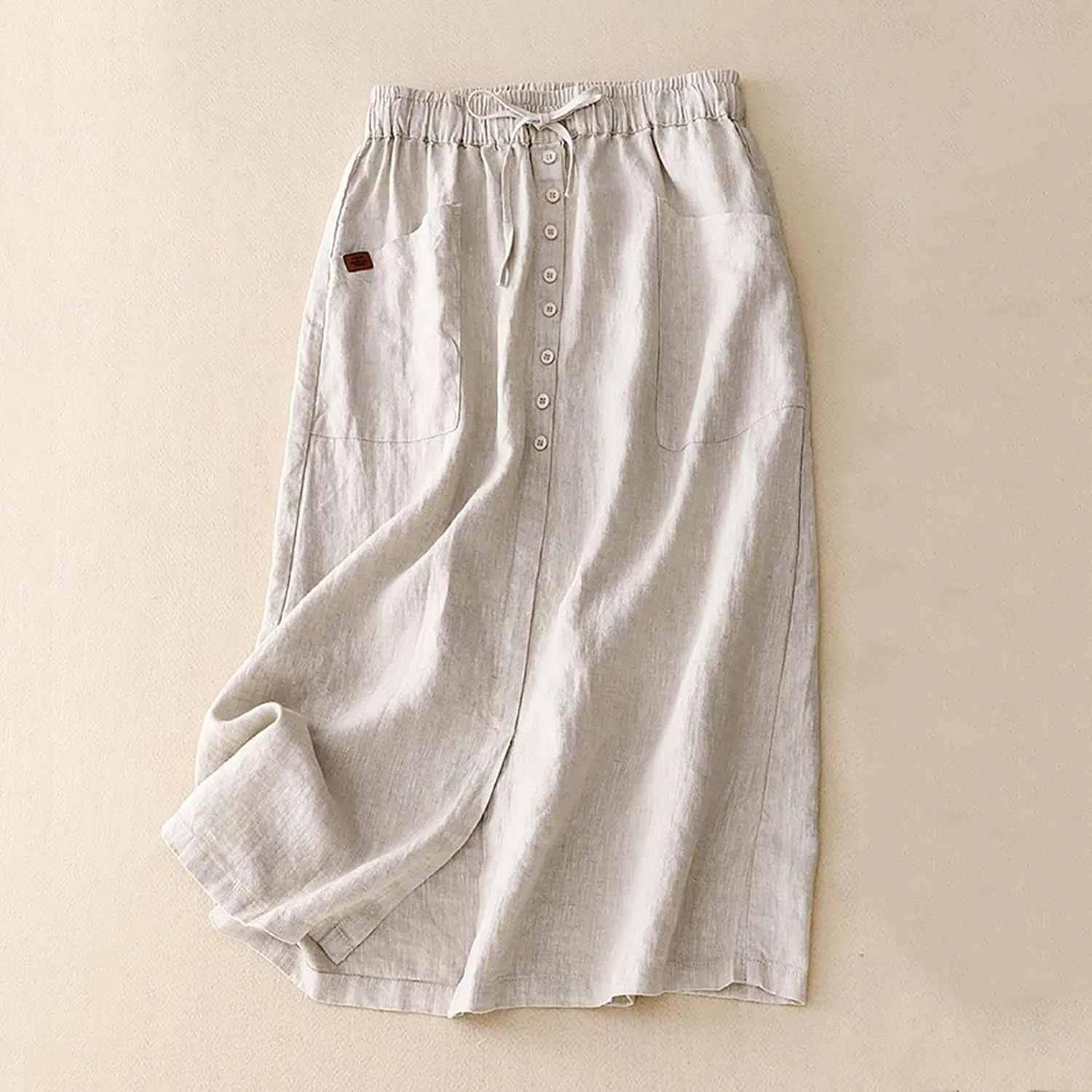 Cotton Linen Skirts for Women Spring Summer A Line Flowy Casual Drawstring High Waist Button Midi Skirt with Slit