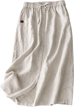 Cotton Linen Skirts for Women Spring Summer A Line Flowy Casual Drawstring High Waist Button Midi Skirt with Slit