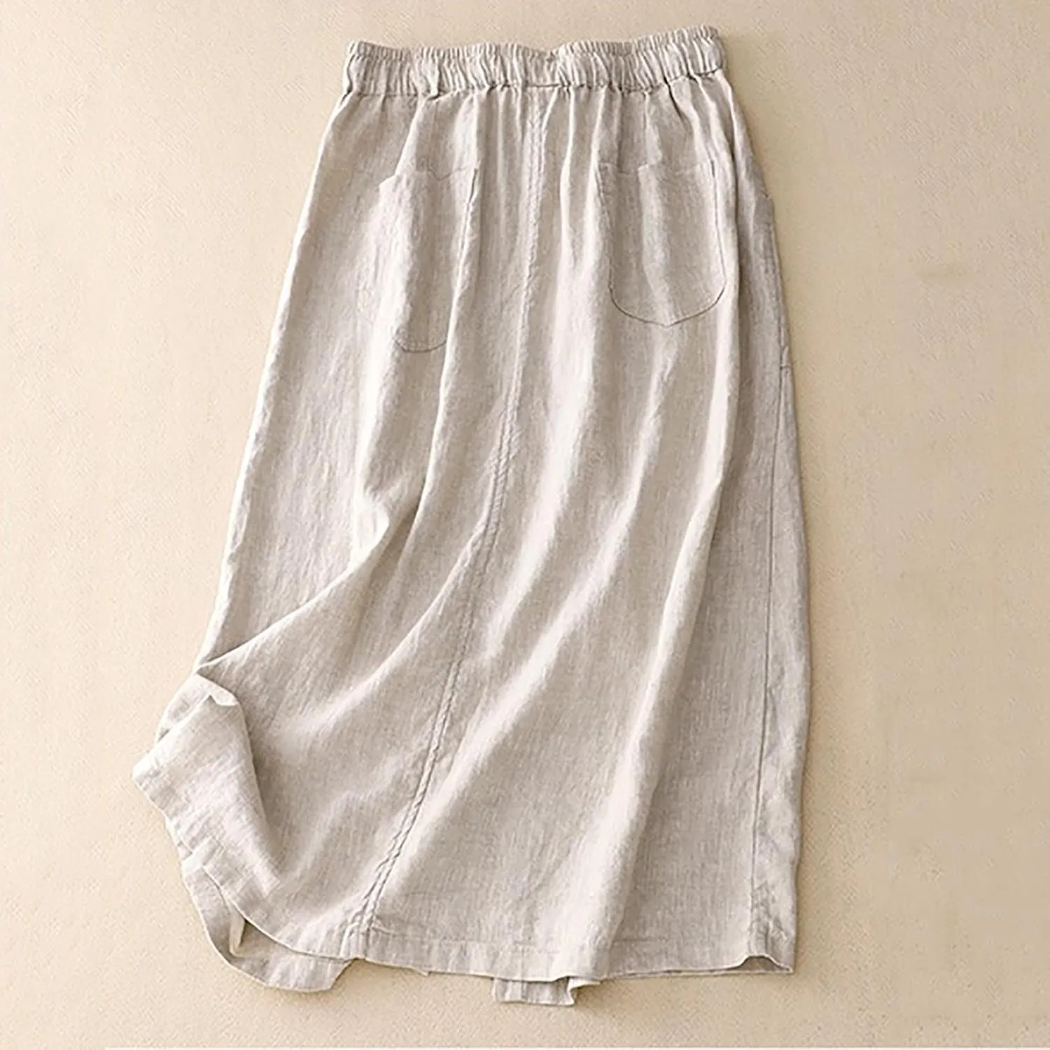 Cotton Linen Skirts for Women Spring Summer A Line Flowy Casual Drawstring High Waist Button Midi Skirt with Slit
