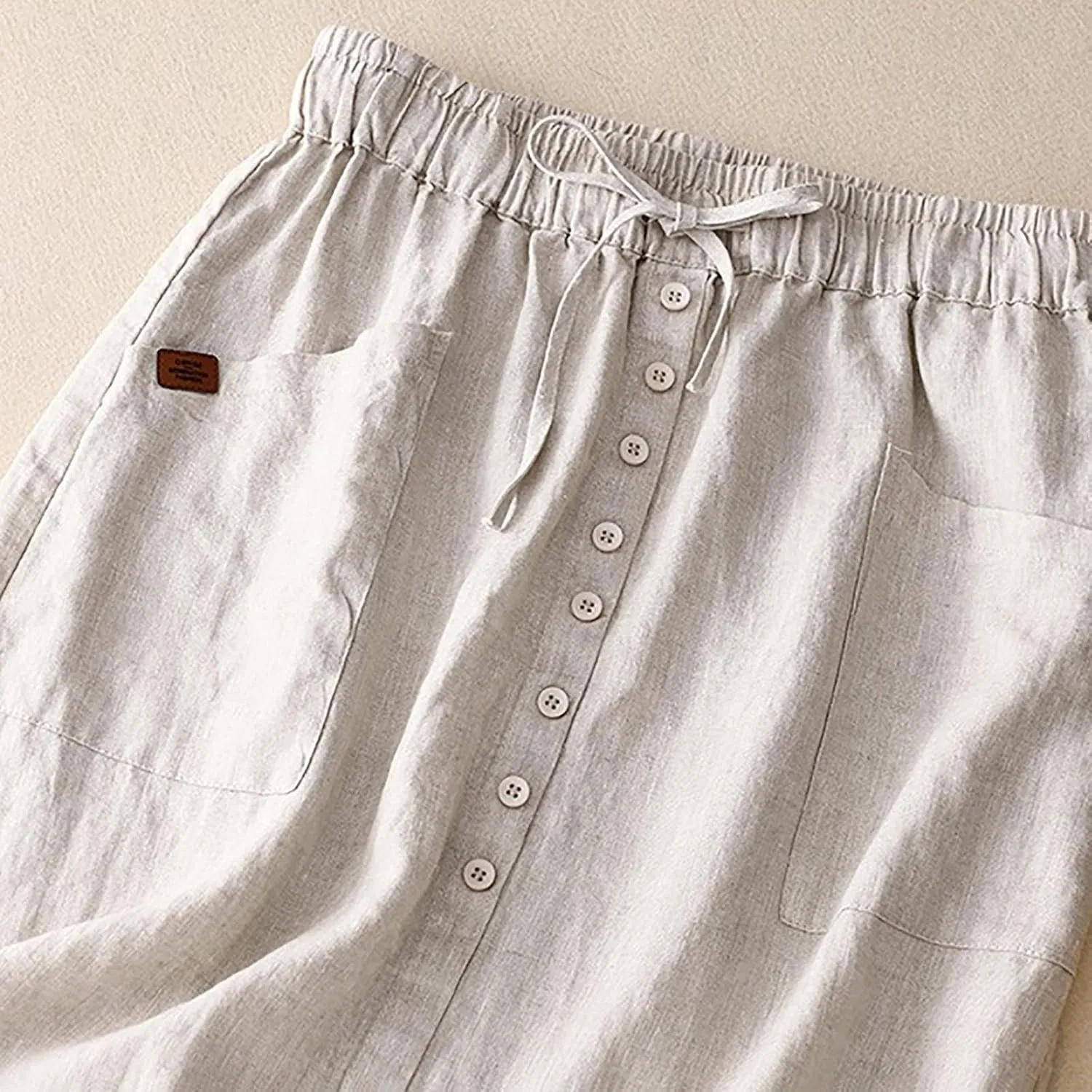 Cotton Linen Skirts for Women Spring Summer A Line Flowy Casual Drawstring High Waist Button Midi Skirt with Slit