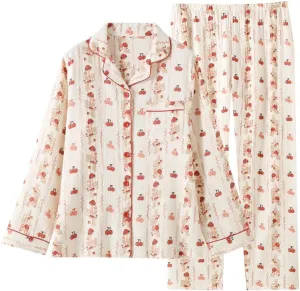 Cotton Pajamas for Women Set Cute Print Lounge Sets Long Sleeve Tops and Pants Pj Sleepwear Loungewear