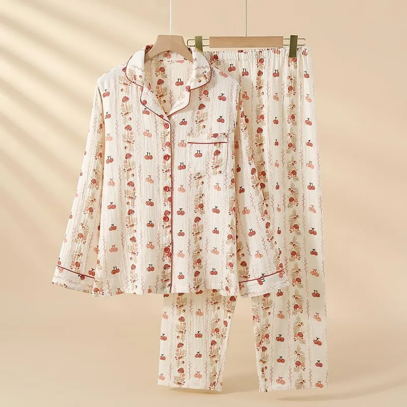 Cotton Pajamas for Women Set Cute Print Lounge Sets Long Sleeve Tops and Pants Pj Sleepwear Loungewear