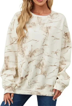 crazynekos Womens Camo Sweatshirt Maple Leaf Print Oversized Camo Crewneck Sweatshirt Fleece Pullover Hoodies Long Sleeve