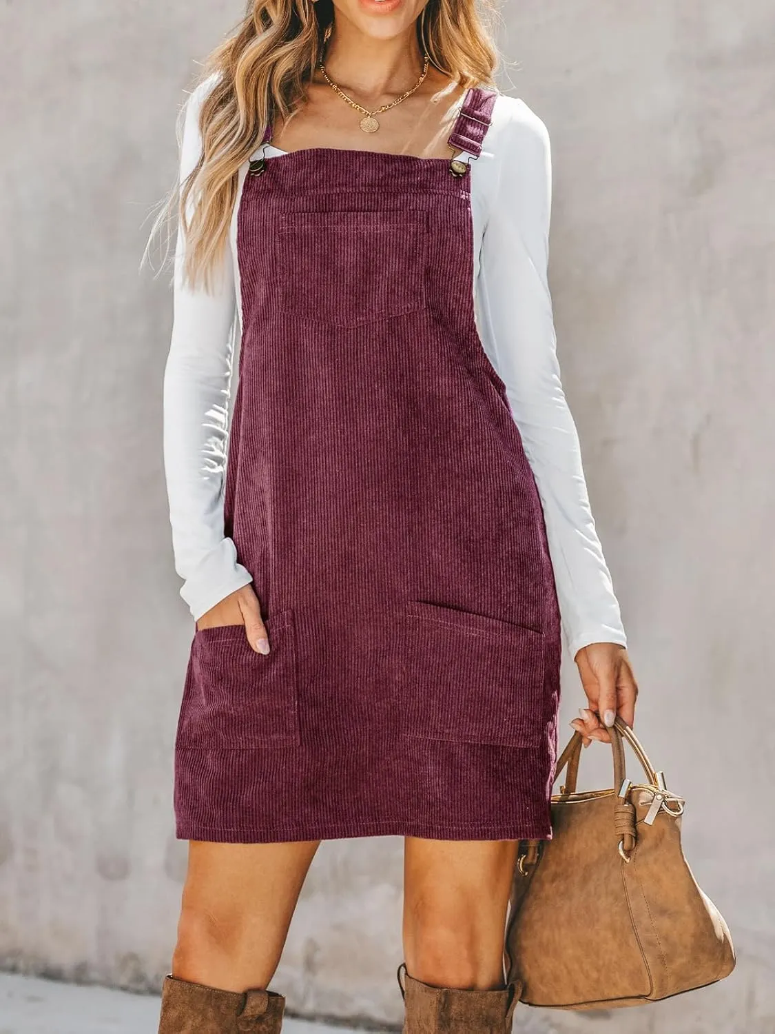 CUPSHE Women Corduroy Summer Dress Front Bib Pocket Square Neck Wide Strap Casual Overall Holiday Vacation Fall Mini Dress