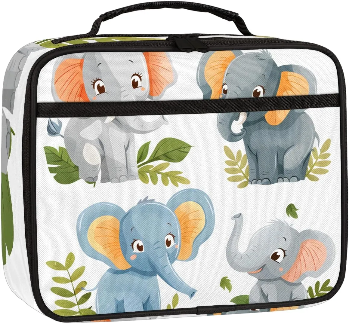 Cute Elephant Square Lunch Bag Colorful Elephant Square Tote Lunch Bag Reusable Lunch Box Leakproof Cooler Bag