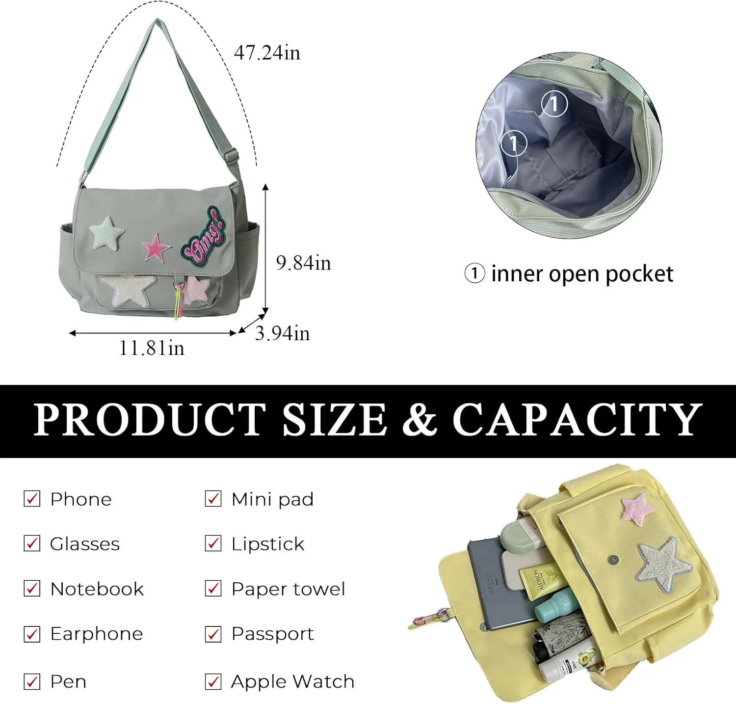 Cute Messenger Bag, Kawaii Crossbody Bag Aesthetic Purse Y2K Canvas Messenger Bag with Cute Pendant