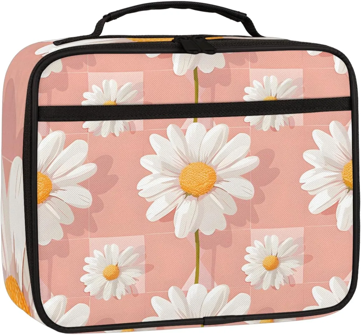 Daisy Square Lunch Bag Daisy Flower Square Tote Lunch Bag Reusable Lunch Box Leakproof Cooler Bag