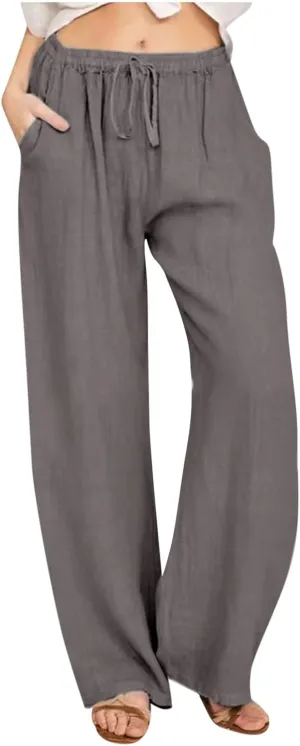 DASAYO Linen Pants Women Summer Wide Leg Pants Drawstring Elastic Waist Loose Palazzo Casual Boho Beach Trousers with Pcokets