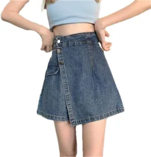 Denim Shorts Women's Fake Two Hot Girls' High-Waisted A-Line Short Skirt Pants