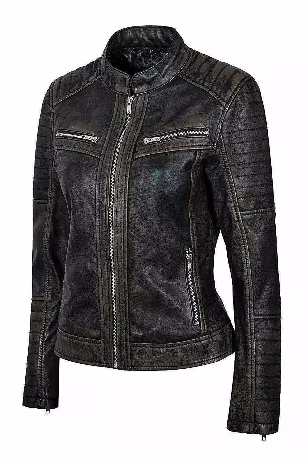 Distressed Black Genuine Lambskin Leather Vintage Jacket