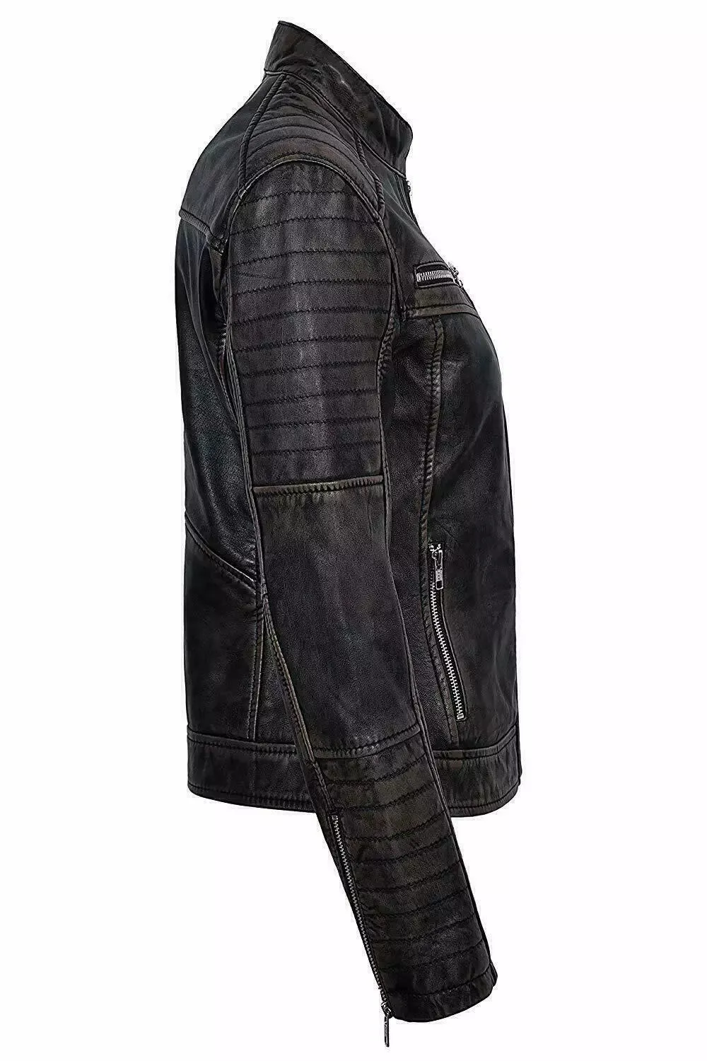 Distressed Black Genuine Lambskin Leather Vintage Jacket