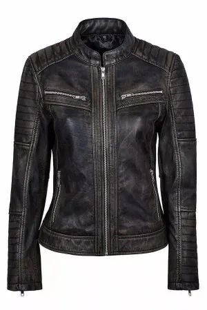 Distressed Black Genuine Lambskin Leather Vintage Jacket