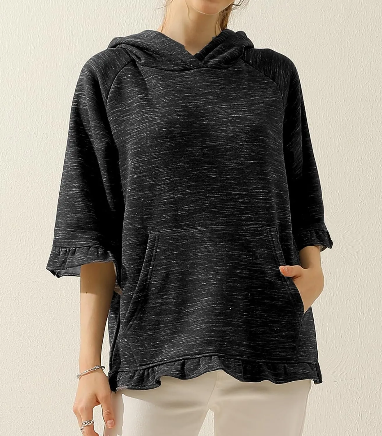 DOUBLJU 2 Pack Casual 3/4 Ruffled Sleeve Oversized Hoodie Sweatshirt Basic Loose Tops with Pocket Workout Sets for Women