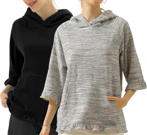 DOUBLJU 2 Pack Casual 3/4 Ruffled Sleeve Oversized Hoodie Sweatshirt Basic Loose Tops with Pocket Workout Sets for Women