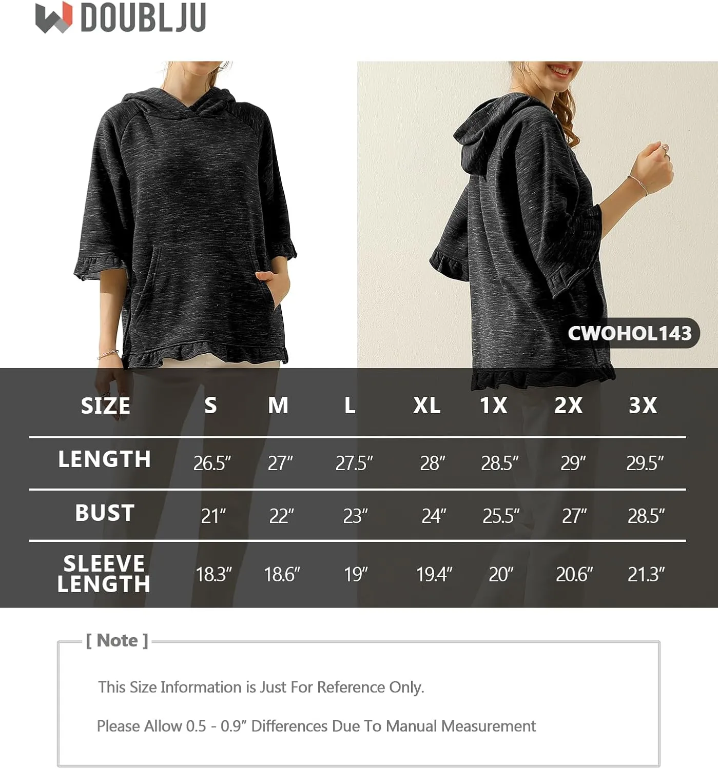 DOUBLJU 2 Pack Casual 3/4 Ruffled Sleeve Oversized Hoodie Sweatshirt Basic Loose Tops with Pocket Workout Sets for Women