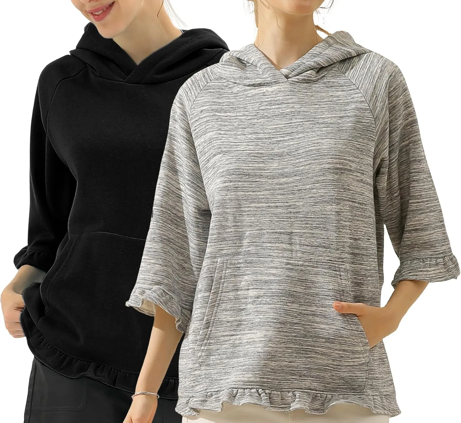 DOUBLJU 2 Pack Casual 3/4 Ruffled Sleeve Oversized Hoodie Sweatshirt Basic Loose Tops with Pocket Workout Sets for Women