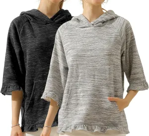 DOUBLJU 2 Pack Casual 3/4 Ruffled Sleeve Oversized Hoodie Sweatshirt Basic Loose Tops with Pocket Workout Sets for Women